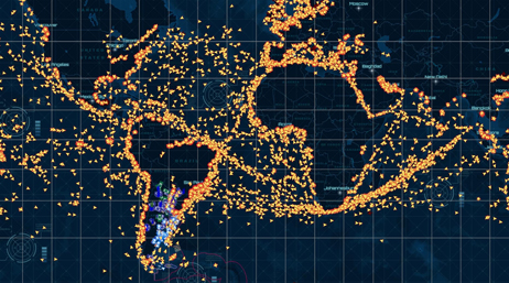 Carte des océans montrant la position des bateaux de pêche